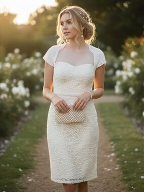 Ivory Lace Sheath Wedding Dress with Cap Sleeve Bolero